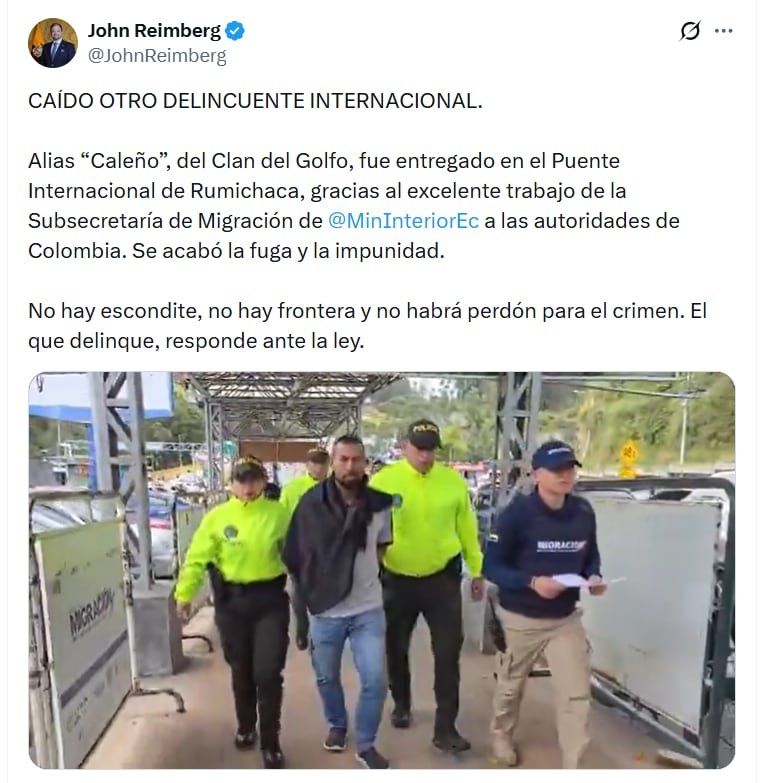 El ministro del Interior de Ecuador, John Reimberg, destacó la determinación de las autoridades para combatir la impunidad y el crimen transnacional - crédito @JohnReimberg/X