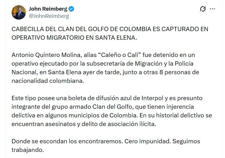 Además de alias Caleño, otros ocho colombianos fueron capturados, según detalló el ministro Reimberg - crédito @JohnReimberg/X