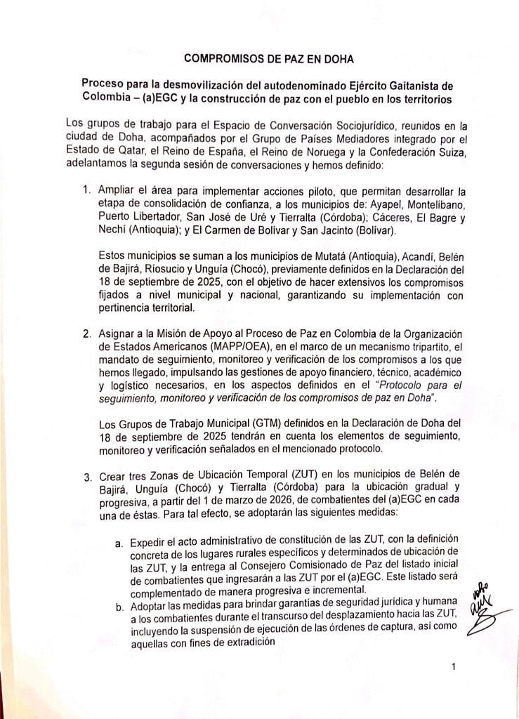 Acuerdo de paz entre el Gobierno de Colombia y el Clan del Golfo desde Doha, Catar - crédito Consejería Comisionada de Paz