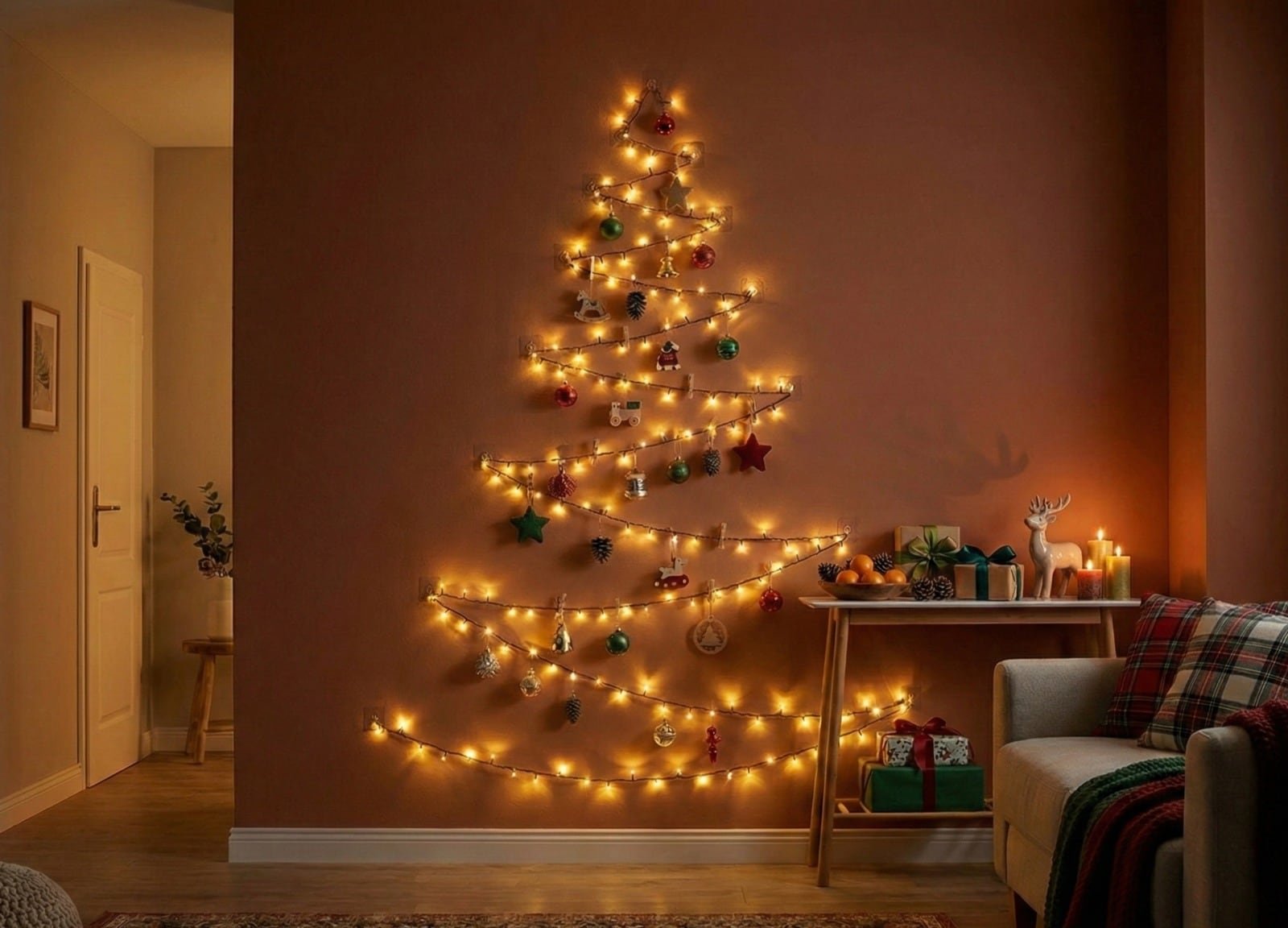 El zig-zag de luces se recomienda en ambientes pequeños, un cable largo y ganchos adhesivos logran la figura de un árbol luminoso y versátil
