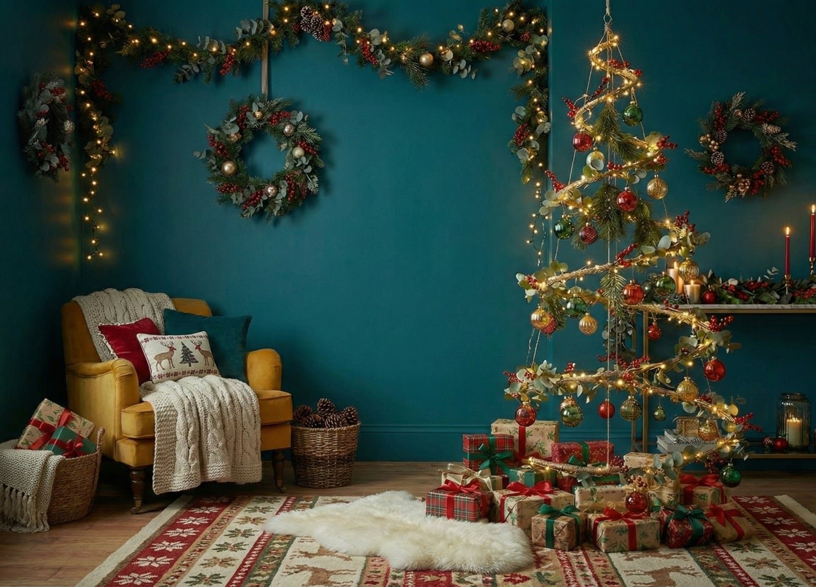 El árbol espiral colgante, hecho con alambre grueso y sostenido del techo, previene accidentes domésticos al quedar fuera del alcance del suelo