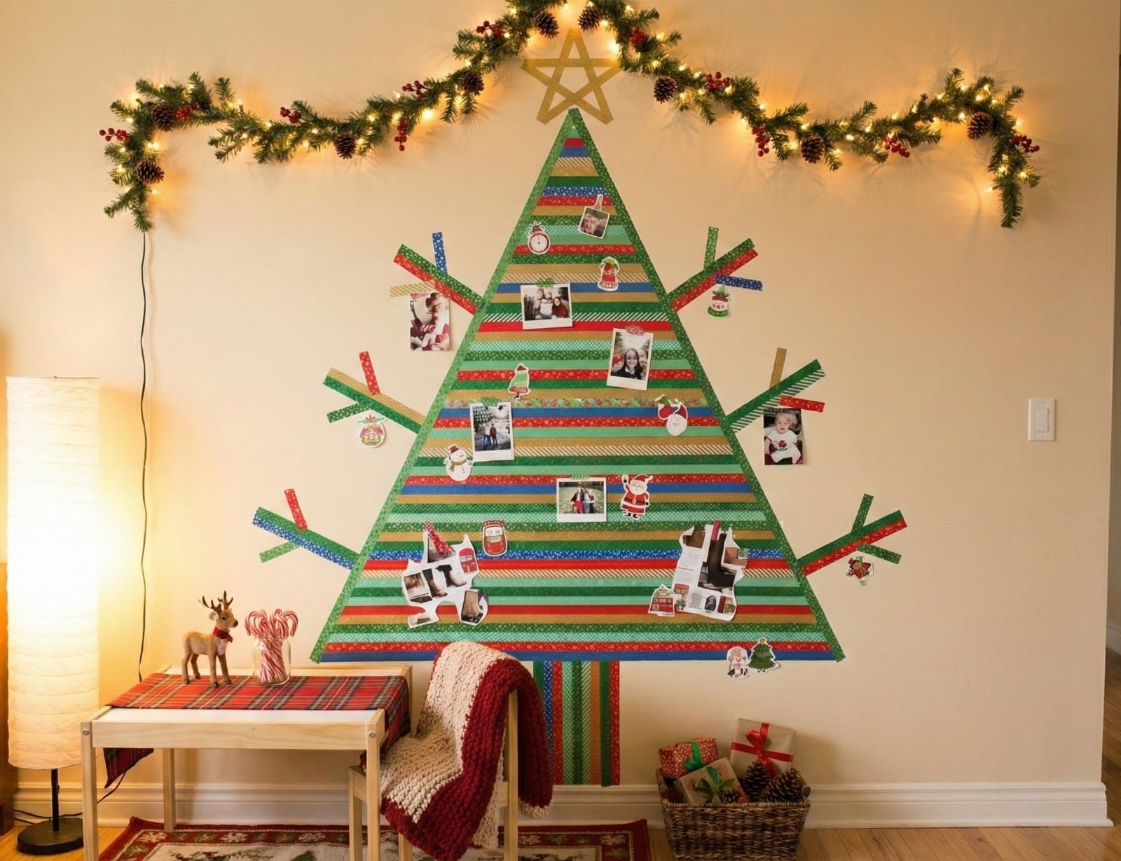 El árbol de washi tape se arma con cintas adhesivas decorativas, pegadas sobre la pared para simular la figura de un pino sencillo y artístico