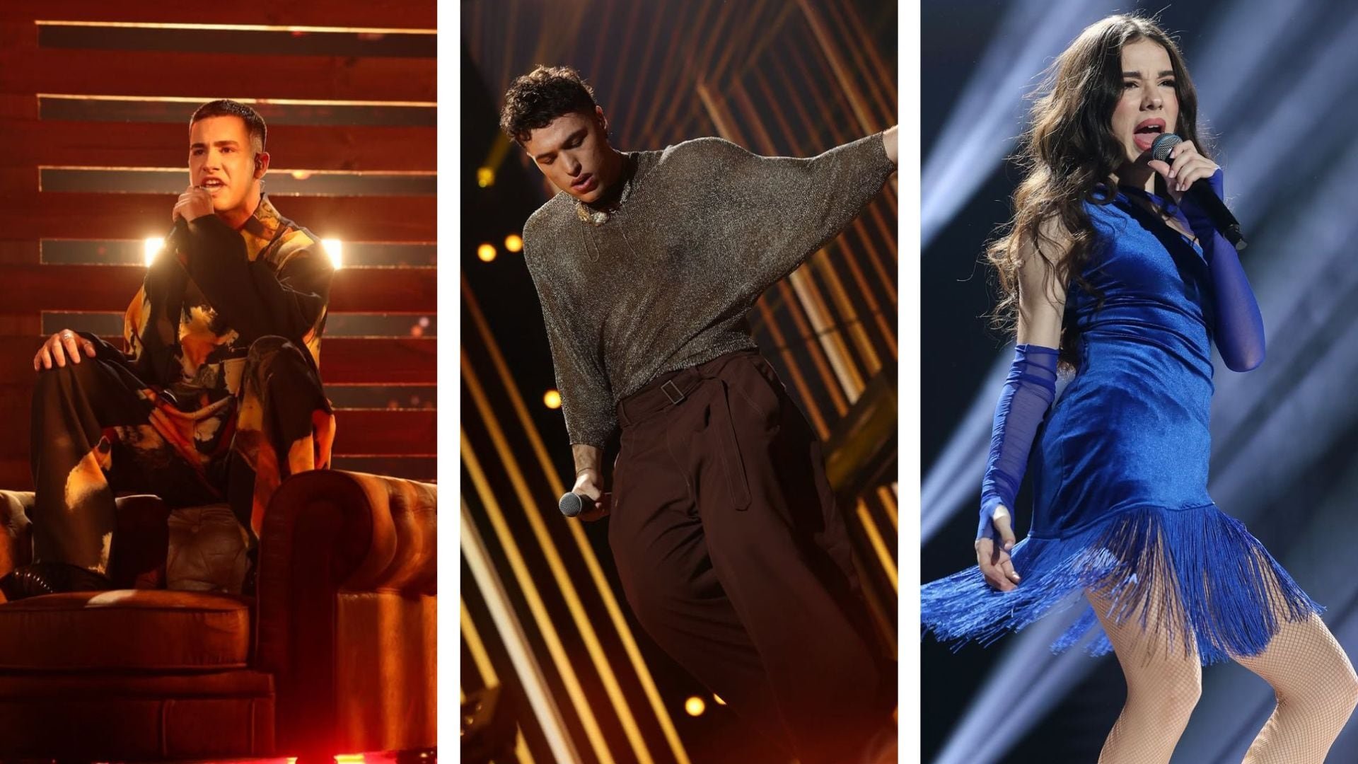 De izquierda a derecha, Guille Toledano, Tinho y Cristina durante sus actuaciones en la gala final de Operación Triunfo 2025. / Redes sociales del programa