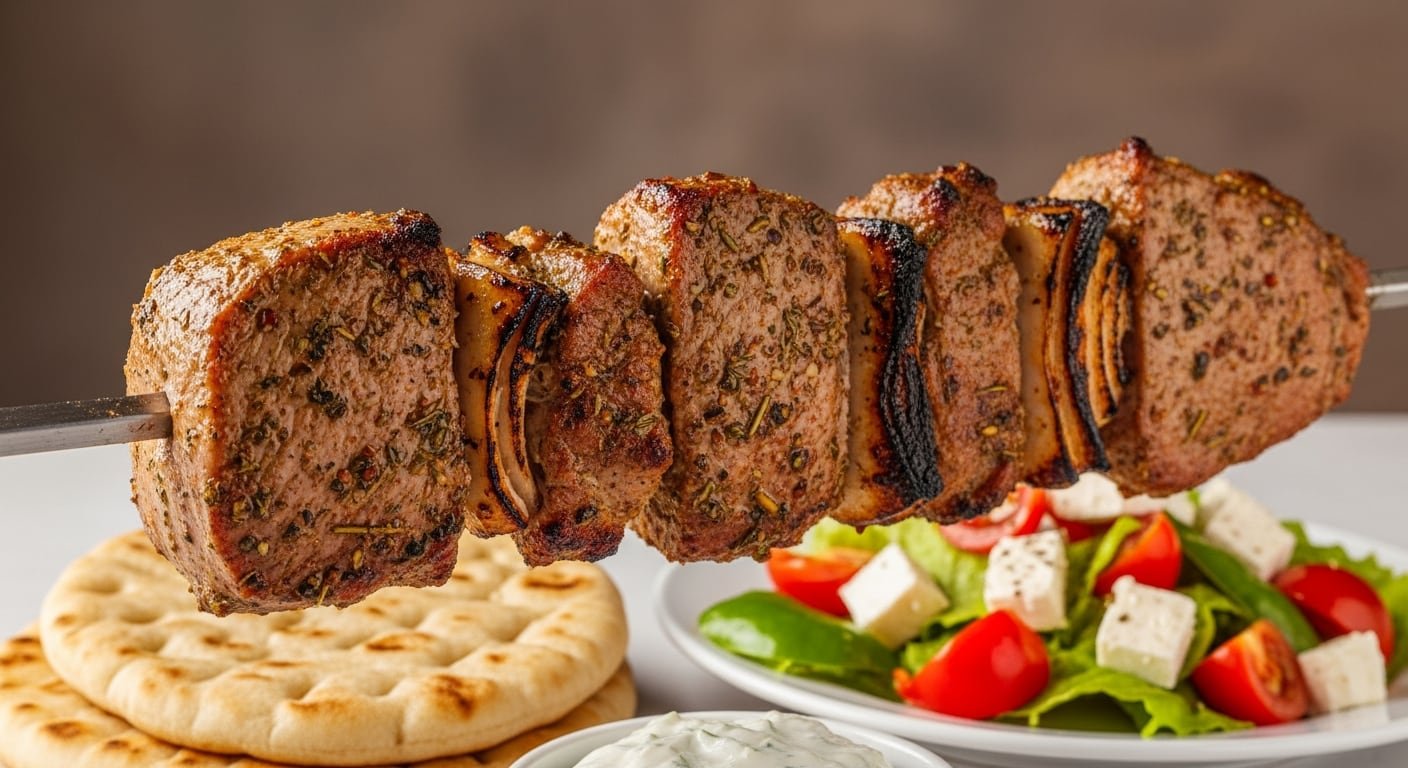 Kontosouvli griego es carne de cerdo marinada en hierbas y especias, se asa lentamente en espiedo y suele servirse con pita, tzatziki y ensalada (Imagen Ilustrativa Infobae)