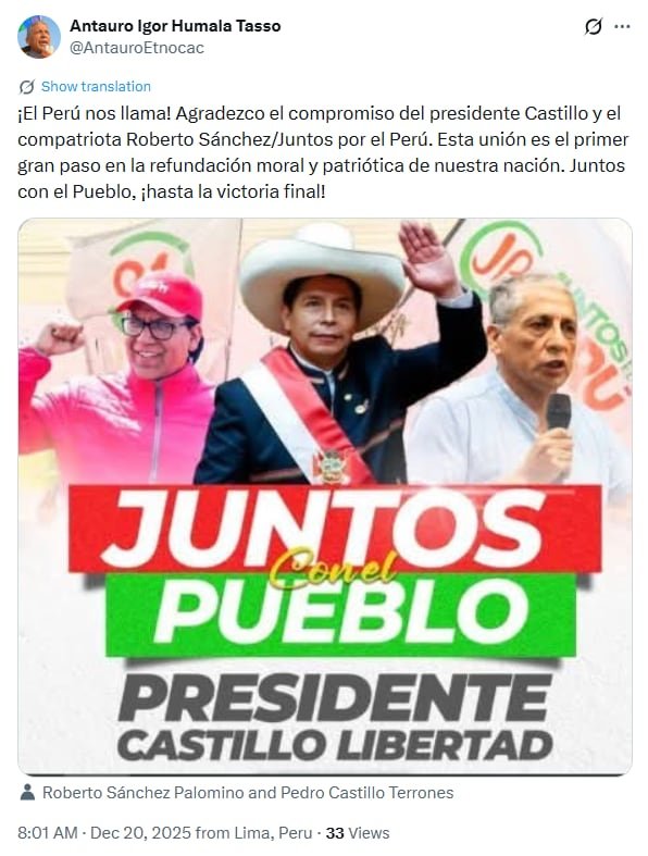 Antauro Humala agradeció el respaldo de Pedro Castillo y de su coalición Juntos por el Pueblo. (Captura)