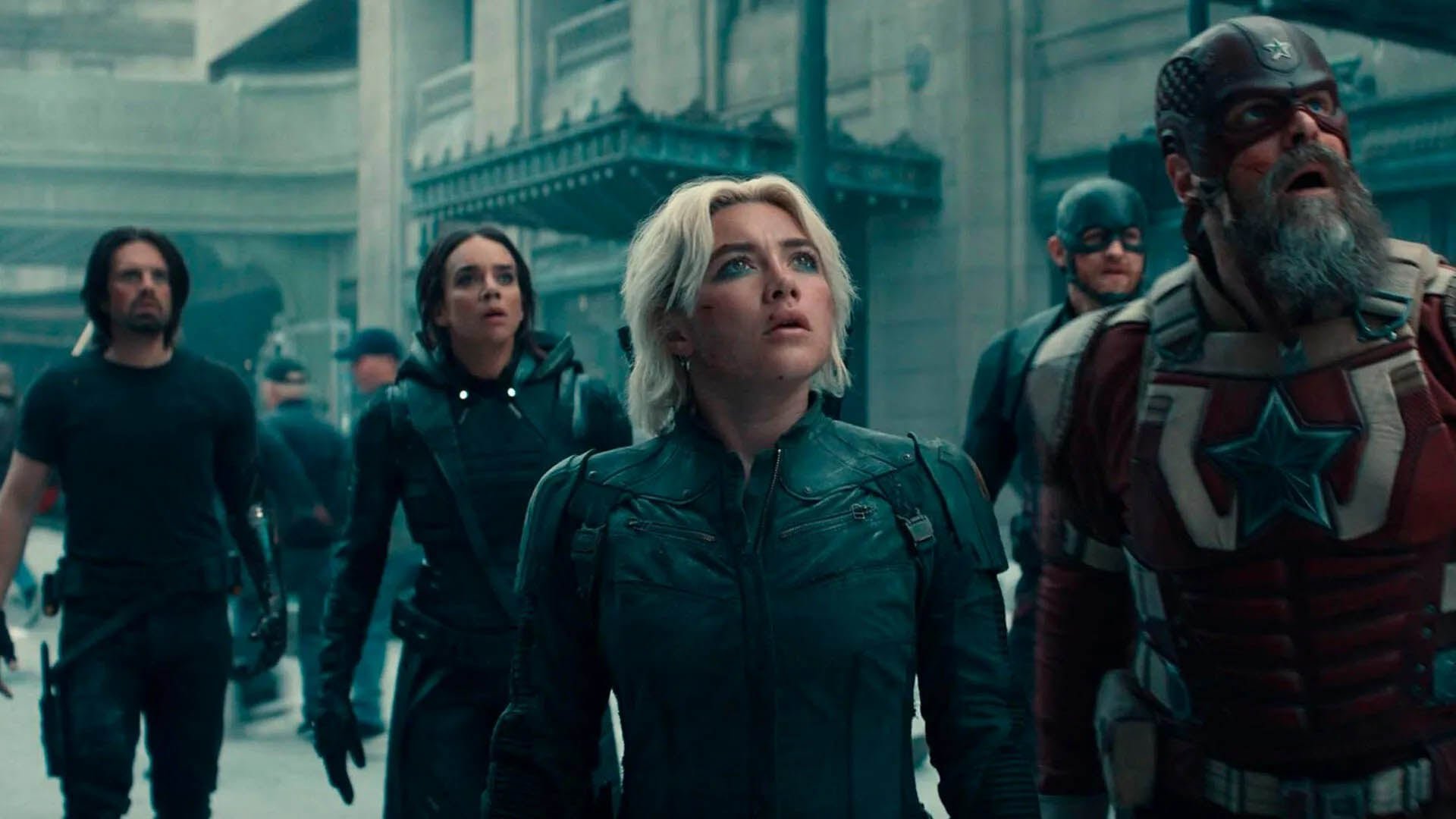 El equipo de los Thunderbolts, integrado por Yelena, Bucky, Sentry, Guardián Rojo, John Walker y Fantasma, se suma a la batalla (Marvel Studios)