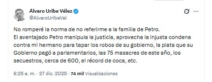 El expresidente Álvaro Uribe Vélez señaló al presidente Gustavo Petro de utilizar la condena de su hermano Santiago Uribe para su beneficio - crédito @AlvaroUribeVel/X