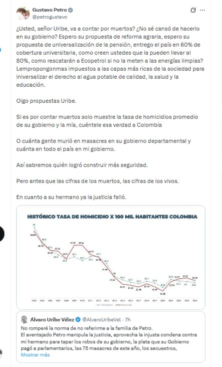 El presidente Gustavo Petro pidió al expresidente Uribe dar a conocer sus propuestas sociales para resolver los principales problemas del país - crédito @petrogustavo/X