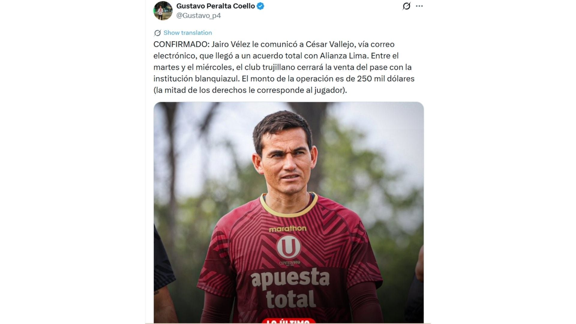 Alianza Lima pagará 250 mil dólares por Jairo Vélez a Universidad César Vallejo.