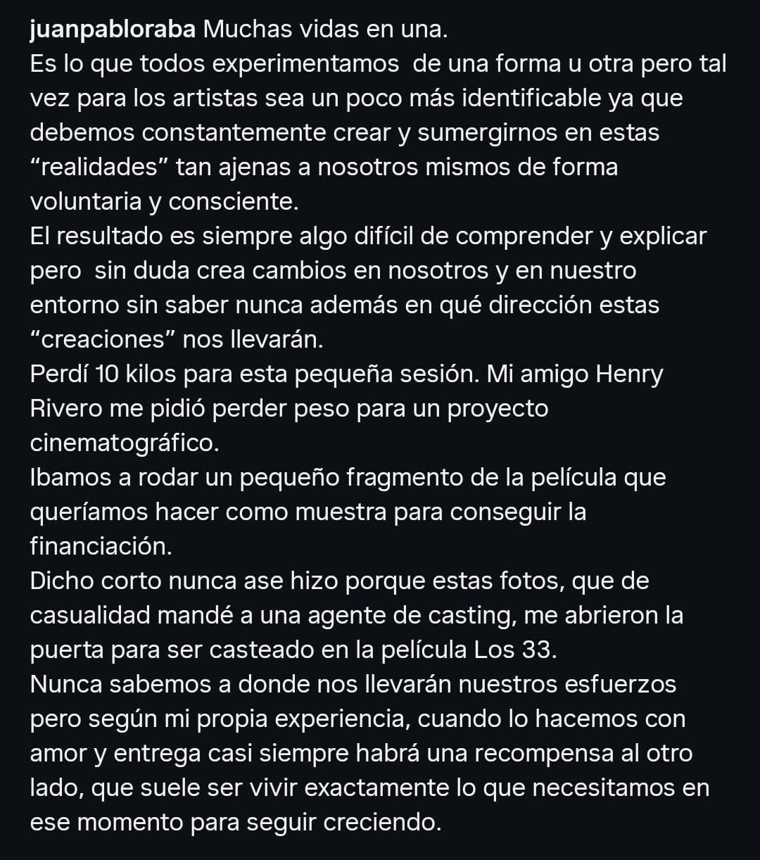 Juan Pablo Raba enfatiza en sus redes sociales la importancia de la entrega y el amor propio en la carrera artística - crédito juanpabloraba / Instagram