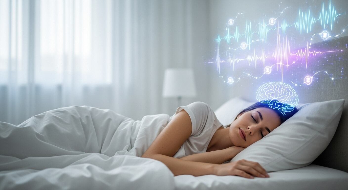 Una mujer duerme plácidamente en una habitación iluminada por luz natural, mientras gráficos digitales ilustran la actividad cerebral y las ondas cerebrales durante el sueño. La imagen representa los últimos avances en el estudio del sueño y su importancia para la salud mental y física. (Imagen Ilustrativa Infobae)