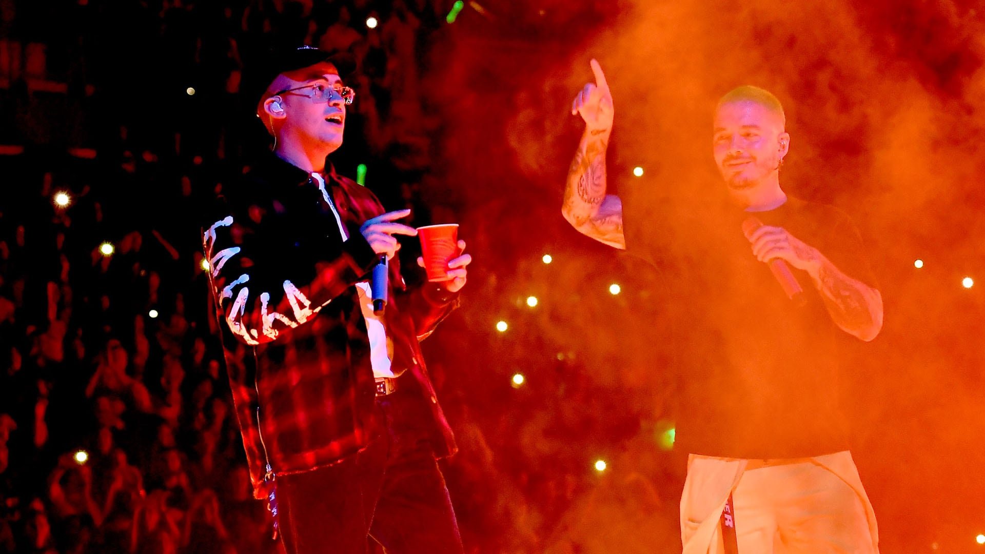 Mandatory Credit: Photo by Gustavo Caballero/South Beach Photo/Shutterstock (9948044an)
Bad Bunny and J Balvin
J Balvin in concert, Miami Beach, Florida, USA - 28 Oct 2018