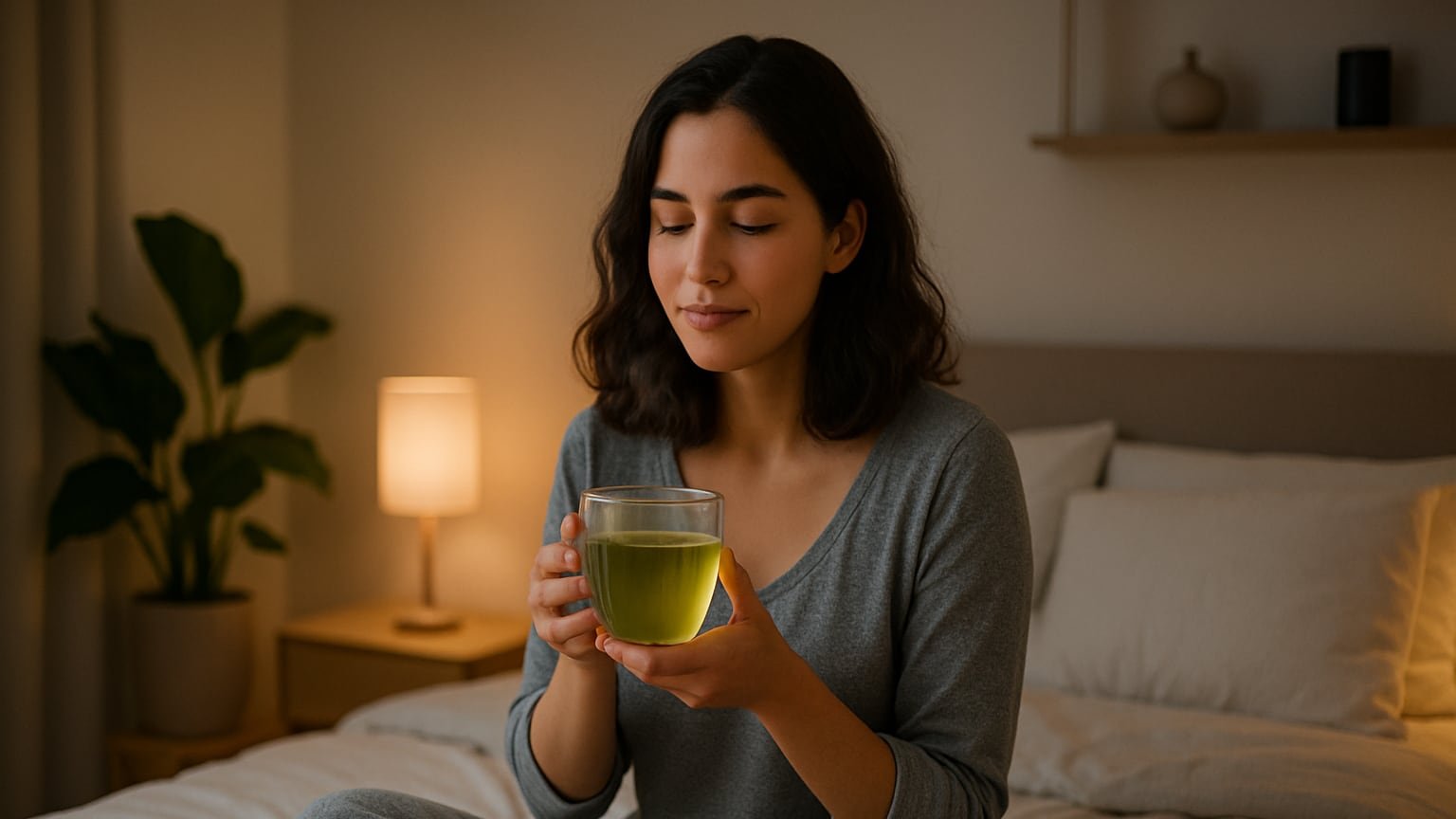 Una joven disfruta de una taza de té en la tranquilidad de su dormitorio, creando un ambiente relajante antes de dormir. La escena resalta la importancia de las rutinas nocturnas para el bienestar y la salud mental, en un entorno acogedor y cálido. (Imagen Ilustrativa Infobae)