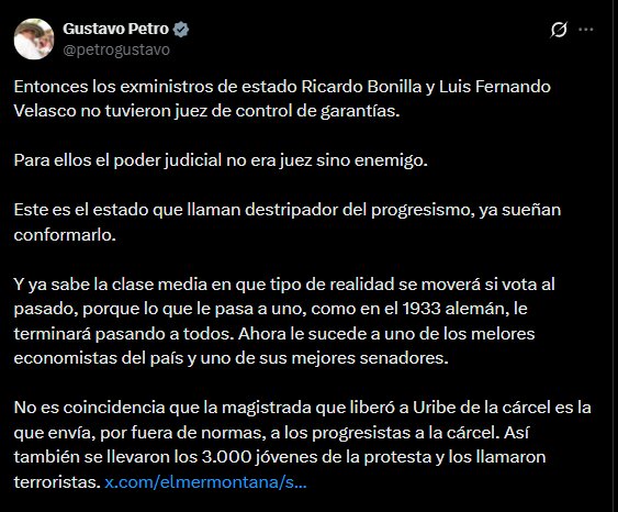 Mensaje del presidente Gustavo Petro en X sobre la situación judicial de Bonilla y Velasco - crédito Gustavo Petro/X