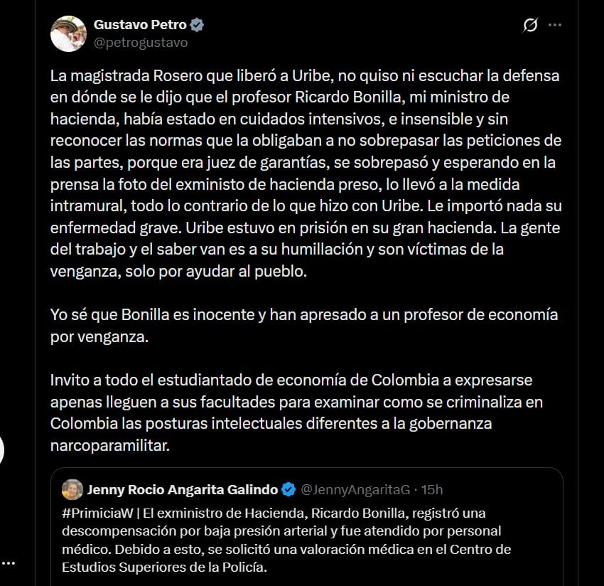 El presidente insistió en la inocencia de Ricardo Bonilla y la supuesta extralimitación de funciones de la jueza del Tribunal Superior de Bogotá - crédito X