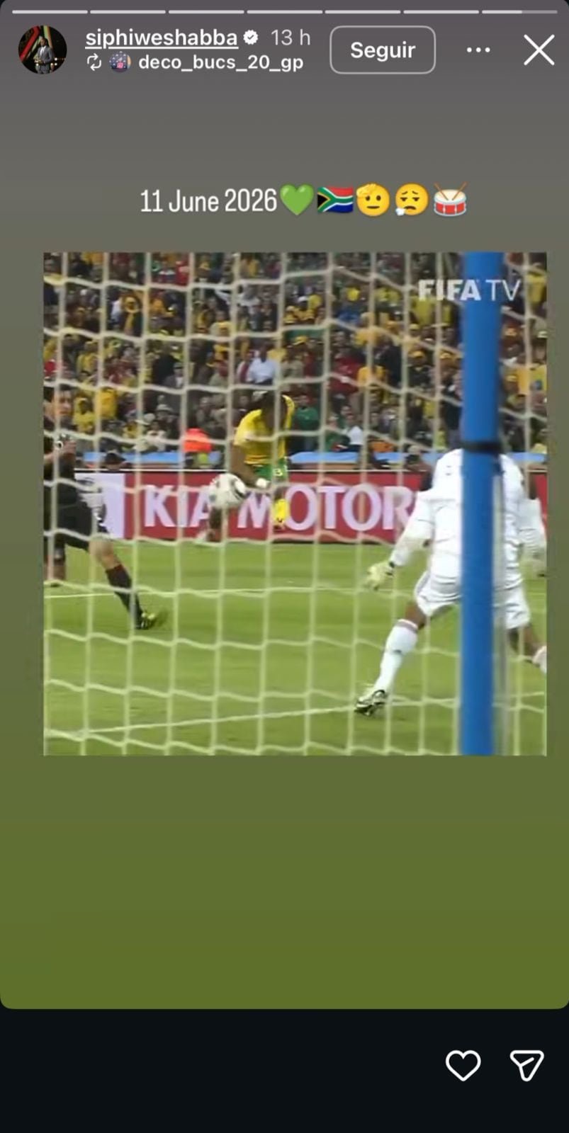 Tshabalala reacciona con emoción al sorteo del Mundial 2026 que posicionó nuevamente a Sudáfrica contra México en el duelo inaugural. (Instagram/ @siphiweshabba)