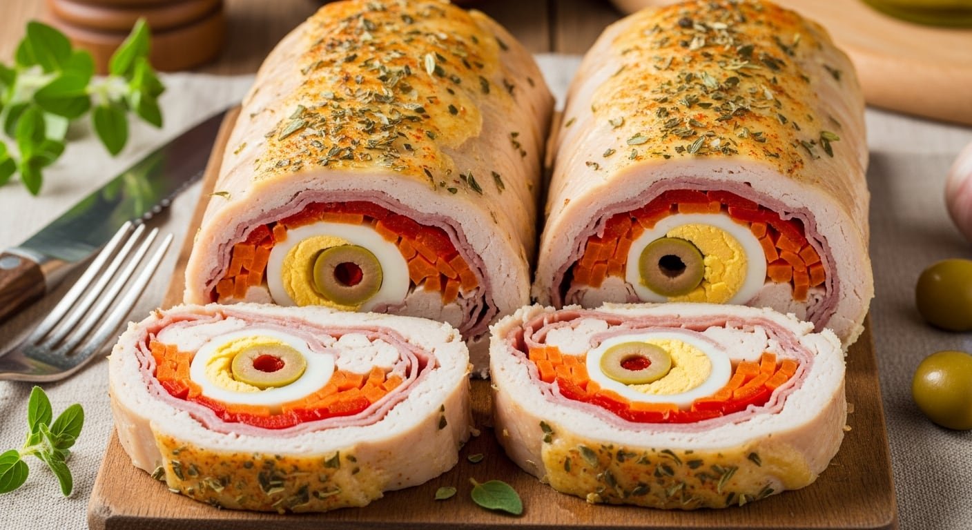 Arrollado de pollo jugoso listo para ser cortado, mostrando su versatilidad para servir caliente o frío.