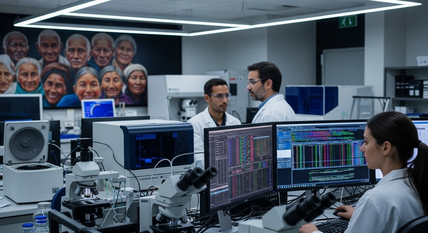 Científicos trabajan en un laboratorio moderno, analizando secuencias genéticas en computadoras avanzadas. Al fondo, un mural con rostros de personas mayores resalta el enfoque en la investigación sobre envejecimiento y salud. El ambiente refleja innovación y colaboración en el campo de la biotecnología. (Imagen Ilustrativa Infobae)