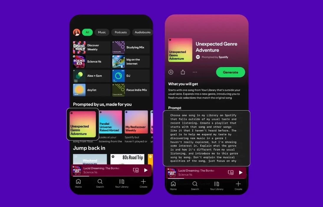 Spotify prueba nueva función de inteligencia artificial en su sistema de playlist. (Foto: Spotify)