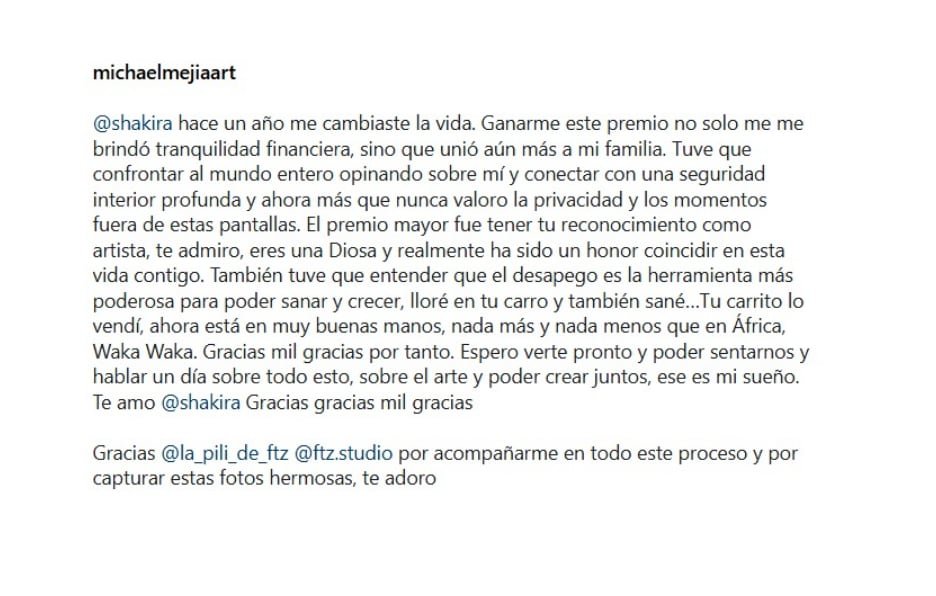 Michael Mejía, ganador del Lamborghini Urus S de Shakira, reveló que vendió el auto a África - crédito @michaelmejiaart/Instagram