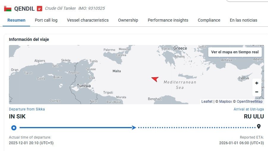 El mapa que muestra la última ubicación registrada del Qendil (Marine Traffic)