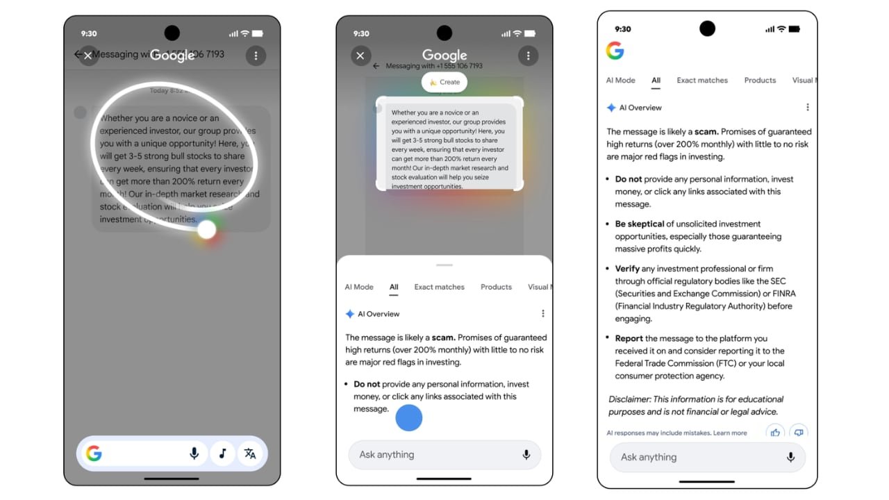La función Circle to Search permite identificar mensajes sospechosos y explica los riesgos de posibles fraudes en tiempo real. (Google)