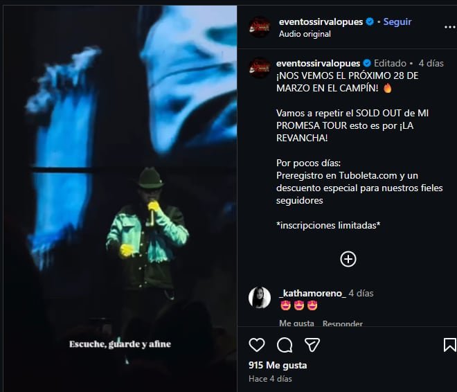 El próximo concierto de Yeison Jiménez tendrá inscripciones limitadas - crédito @eventossirvalopues/Instagram