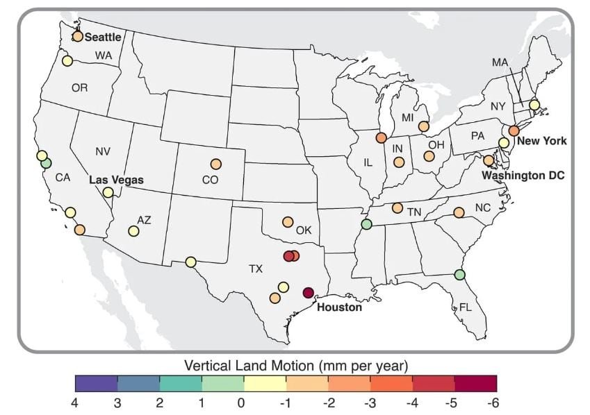 El mapa de las ciudades de Estados Unidos que experimentan hundimiento