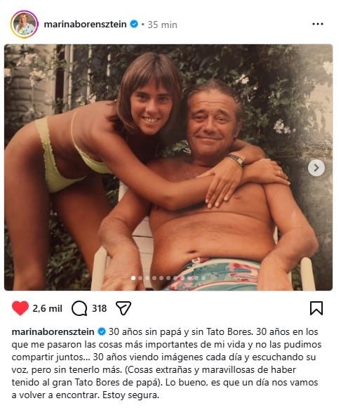 El cálido mensaje de Marina a su papá Tato Bores, a 30 años de su muerte (Instagram)