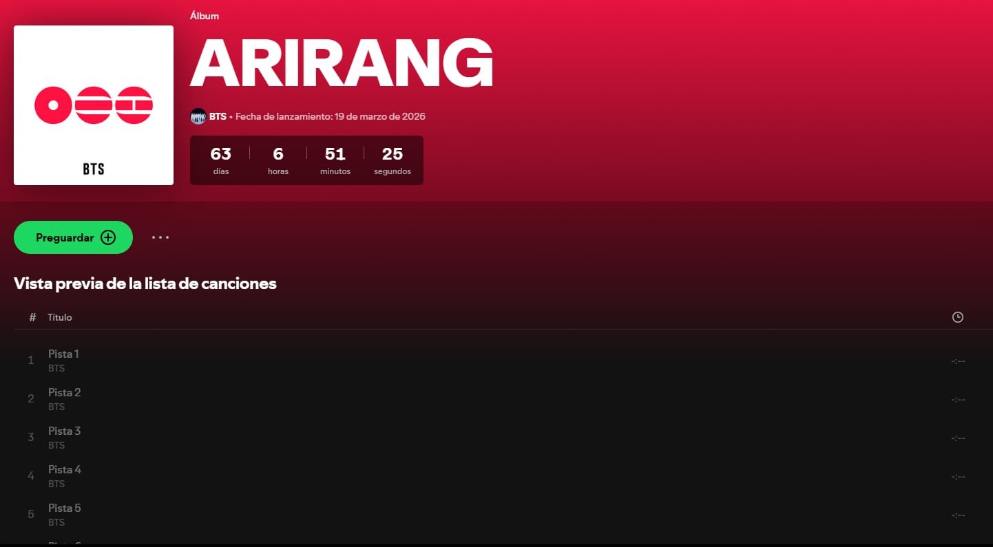 Las plataformas digitales y tiendas oficiales ya viven el furor previo al estreno del nuevo álbum el 19 de marzo de 2026. (Captura Spotify)