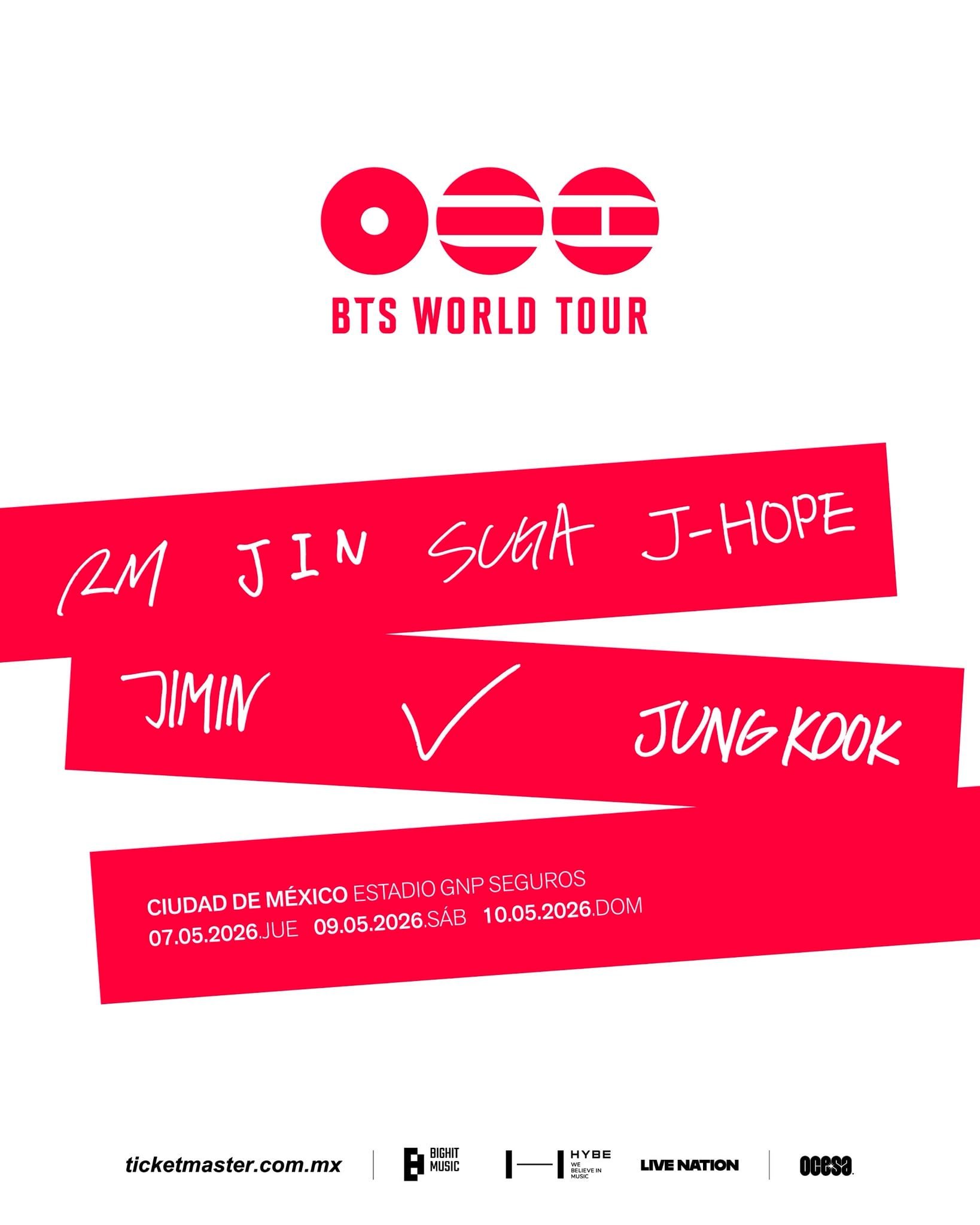 La gira mundial de BTS para 2026–2027 contará con fechas confirmadas en México y Latinoamérica. (X/ @ocesa_kpop)