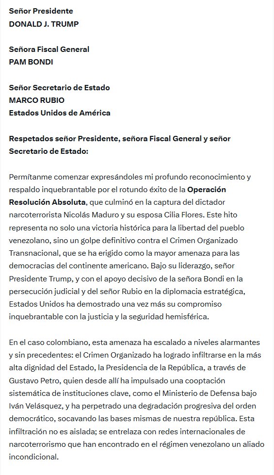 El precandidato colombiano denuncia a Gustavo Petro, Iván Velásquez, Nicolás Maduro y Vladimir Padrino López por presunto narcotráfico frente al Cartel de los Soles - crédito @ABDELAESPRILLA/X