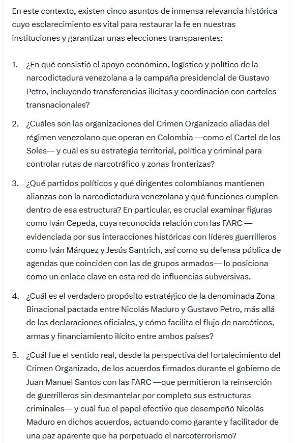El precandidato plantea la necesidad de investigar los vínculos entre la narcodictadura venezolana, el proceso de paz con las FARC y líderes políticos colombianos - crédito @ABDELAESPRILLA/X