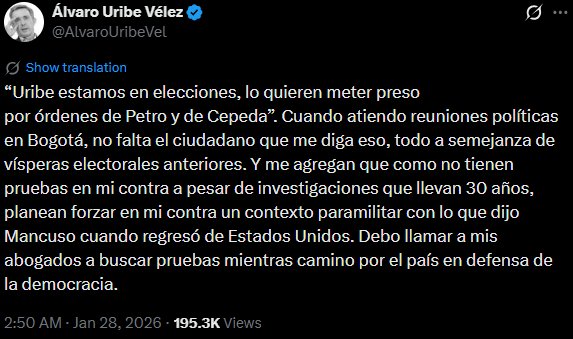 En su mensaje, Uribe aseguró que enfrenta una presunta persecución judicial promovida por el Gobierno de Gustavo Petro y el senador Iván Cepeda - crédito @AlvaroUribeVel