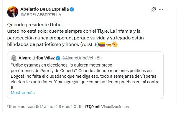De la Espriella salió a expresar su apoyo al expresidente Uribe en redes sociales - crédito @ABDELAESPRIELLA/X