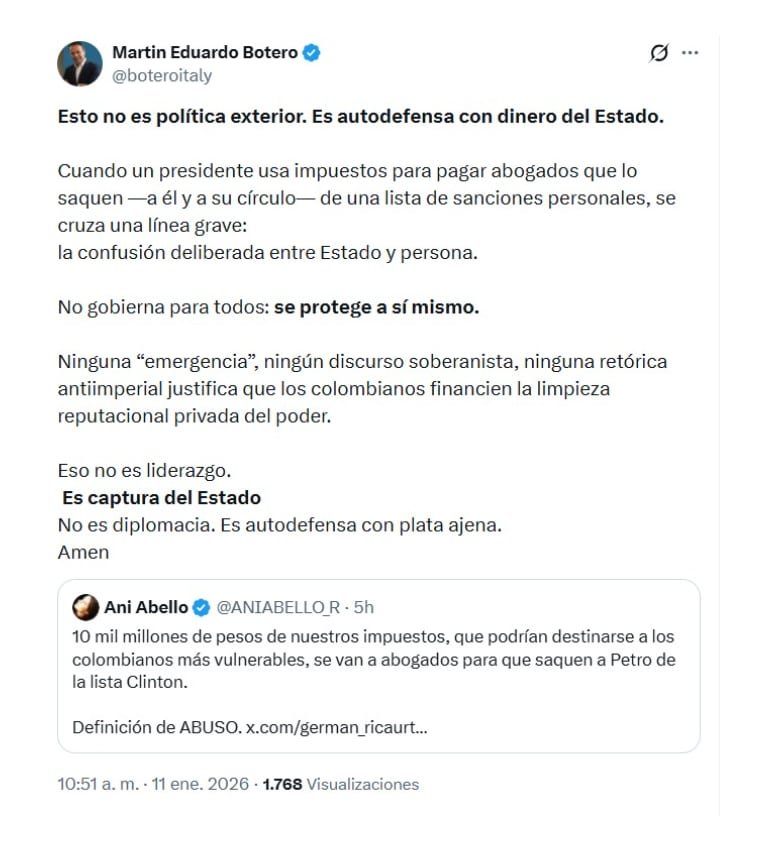 Con este mensaje en X, Martín Eduardo Botero se refirió sobre el contrato de Gustavo Petro para su defensa en los Estados Unidos y buscar su exclusión en la Ofac - crédito @boteroitaly/X