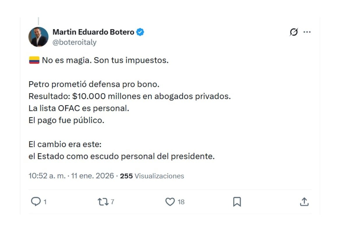 Martín Eduardo Botero también hizo énfasis en como los recursos para la defensa del presidente Gustavo Petro salen del erario y no del bolsillo del jefe de Estado - crédito @Boteroitaly/X