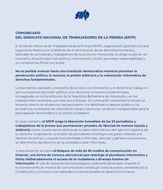 El Sindicato Nacional de Trabajadores de la Prensa alertó que los arrestos se produjeron mientras los profesionales de la comunicación documentaban la instalación del nuevo Parlamento chavista