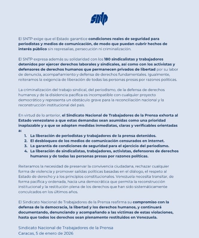 El comunicado del Sindicato Nacional de Trabajadores de la Prensa de Venezuela