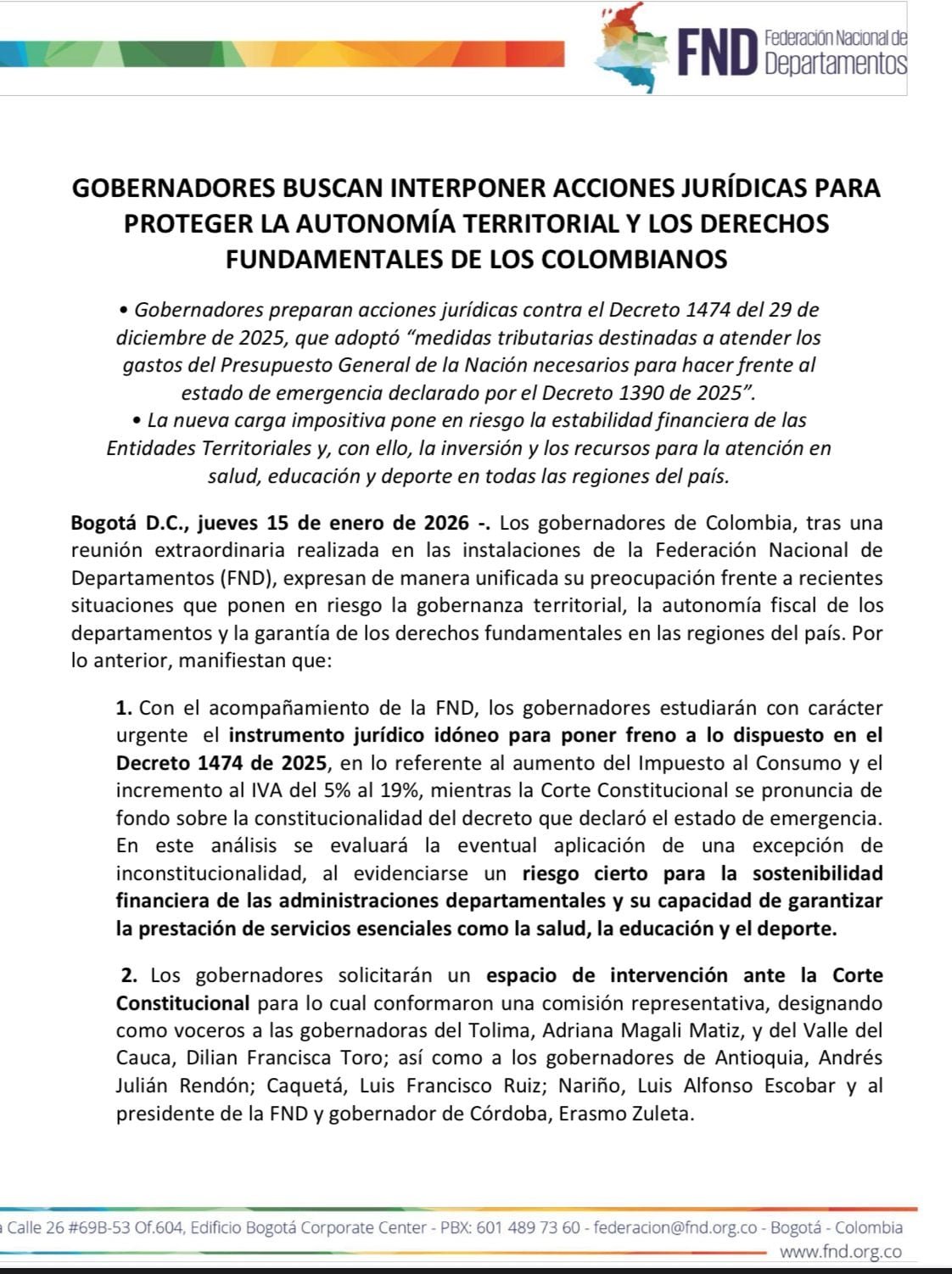 Federación Nacional de Departamentos afirmó que llevará a cabo acciones jurídicas contra el decreto de emergencia económica - crédito Federación Nacional de Departamentos