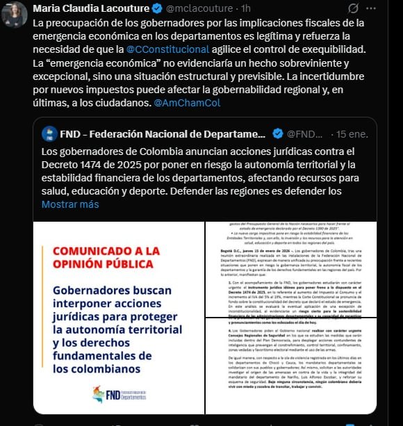 María Claudia Lacouture consideró necesario que la Corte Constitucional tome cartas en el asunto y se aclare la viabilidad de la medida gubernamental - crédito @mclacouture/X