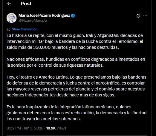 María José Pizarro lanzó duras críticas al operativo realizado por Estados Unidos en Venezuela - crédito @PizarroMariaJo