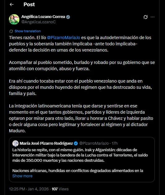 Angélica Lozano contestó al mensaje de María José Pizarro recordando las elecciones en Venezuela - crédito @AngelicaLozanoC