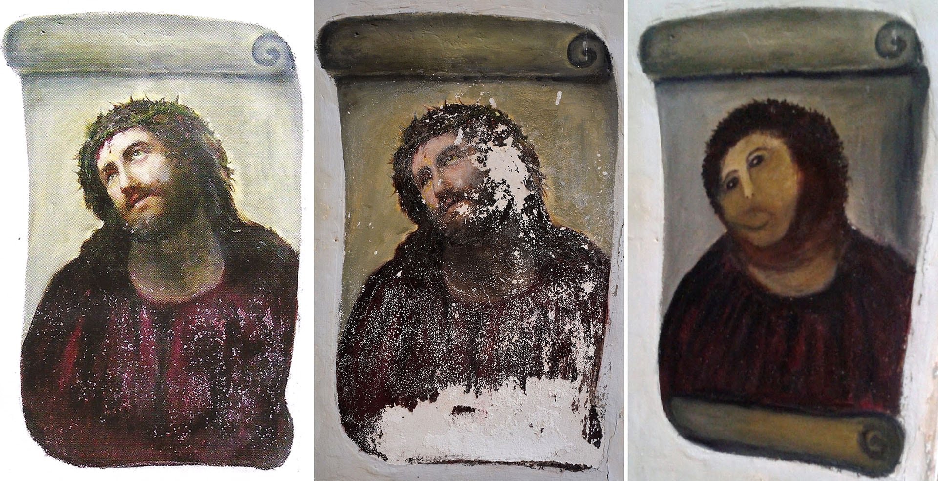 Así se deterioró el 'Ecce Homo' de Borja y así quedó después de la restauración de Cecilia Giménez. (CENTRO DE ESTUDIOS BORJANOS / AFP)