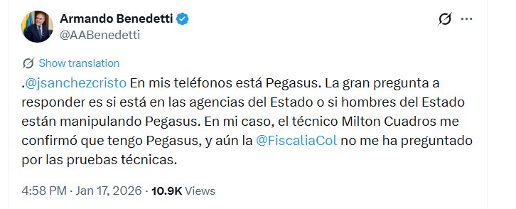 El ministro del Interior afirmó que cuenta con confirmación técnica sobre la presencia del programa en su dispositivo - crédito @AABenedetti/X