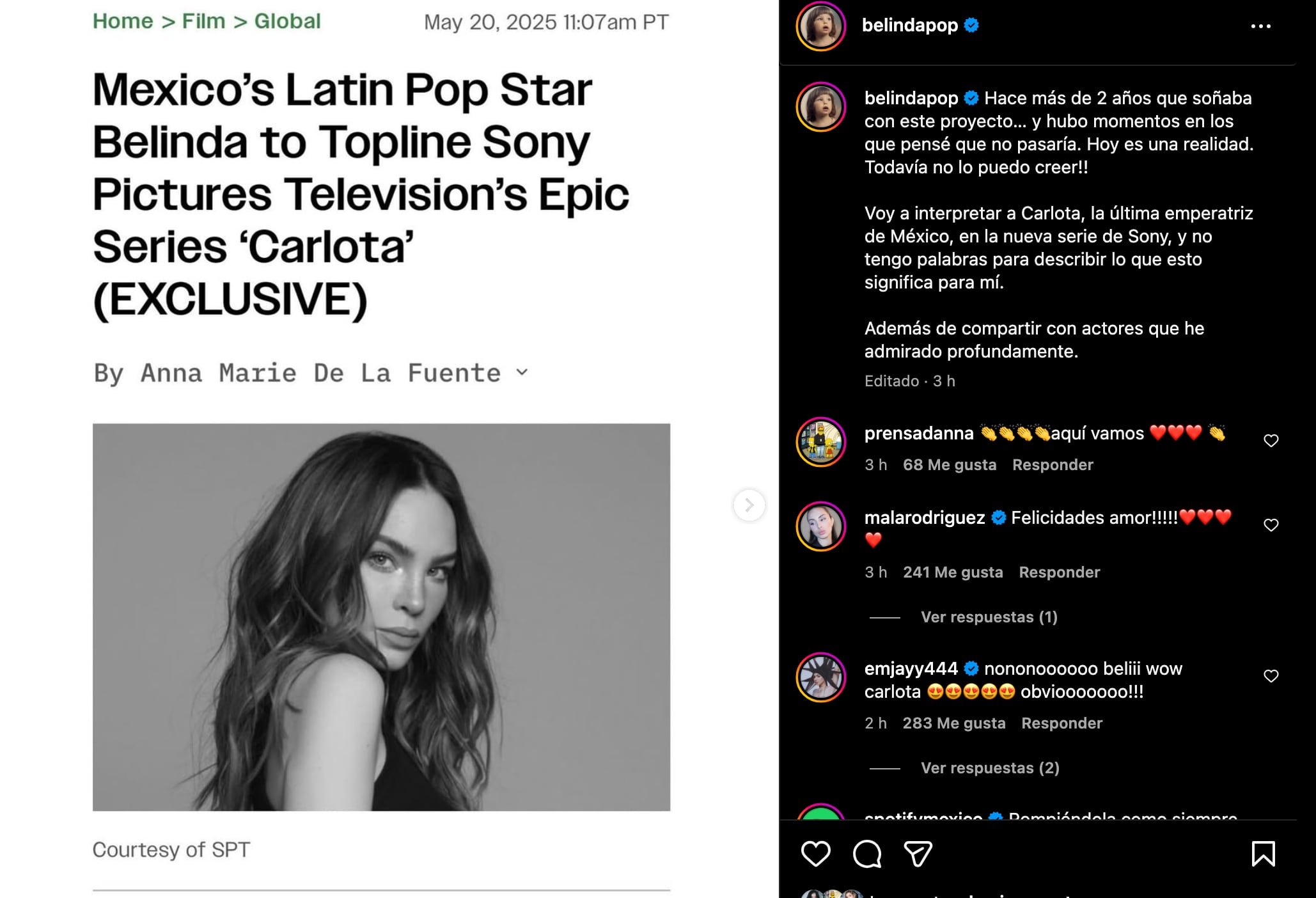 Belinda expresó su emoción y gratitud al obtener el papel protagónico de la emperatriz Carlota en redes sociales.
(Instagram / Captura de pantalla)