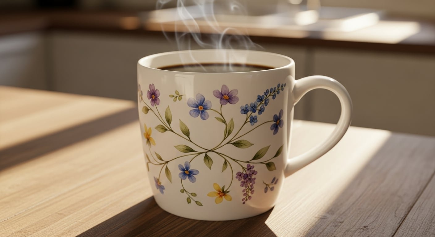 En la imagen se aprecia una taza de cerámica blanca decorada con delicados motivos florales. El vapor que se eleva del café caliente sugiere una bebida recién servida, ideal para comenzar el día. La escena, iluminada por la suave luz natural que entra por una ventana, transmite calidez y tranquilidad en un ambiente hogareño. (Imagen Ilustrativa Infobae)