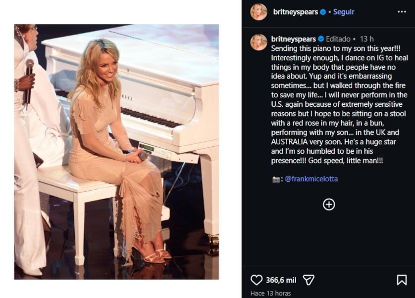 La cantante planea enviar a su hijo el piano blanco que usó en los American Music Awards de 2002. (Captura: Instagram)