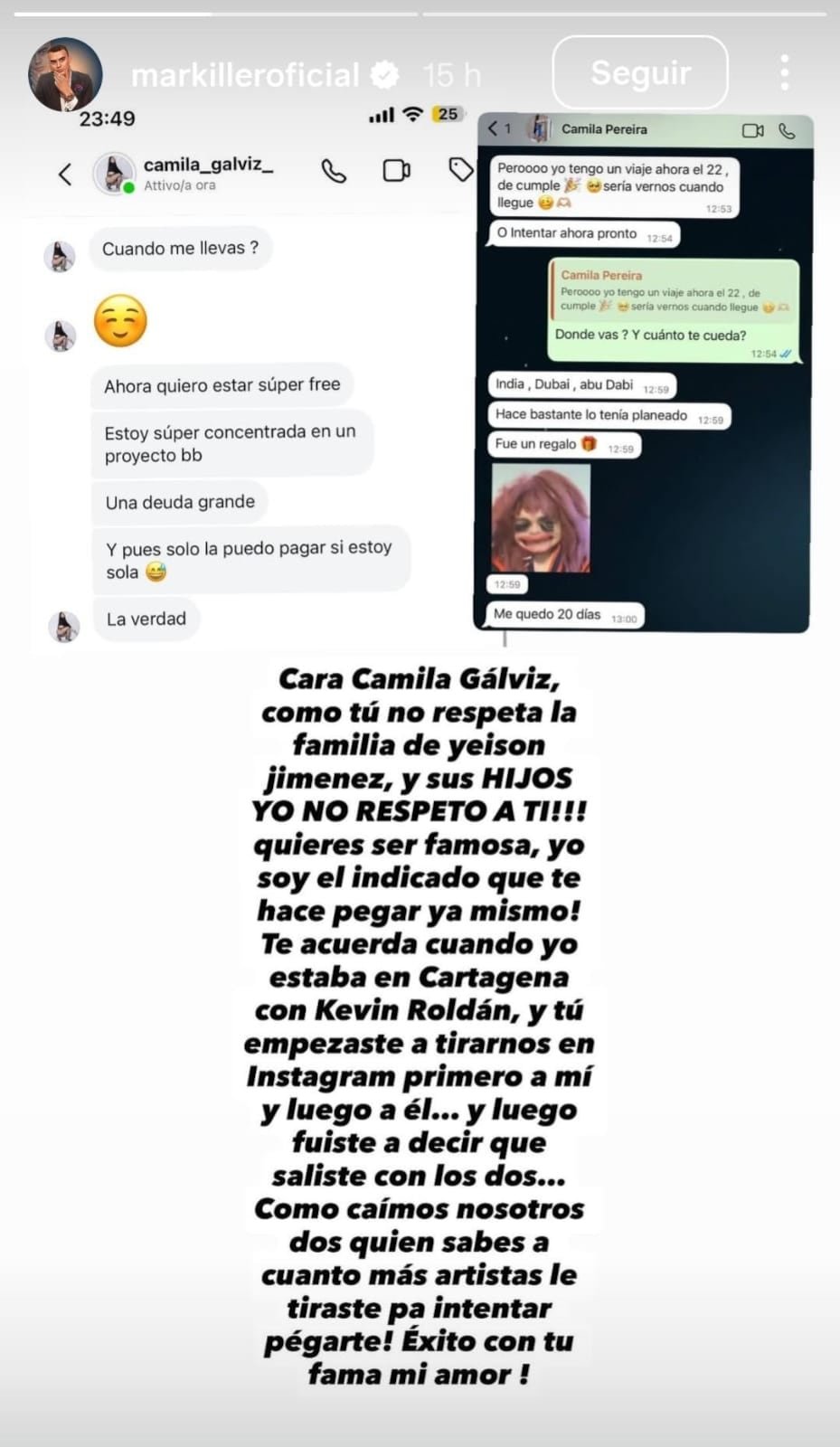 El artista afirmó que la modelo está acostumbrada a buscar artistas por seguidores - crédito Instagram