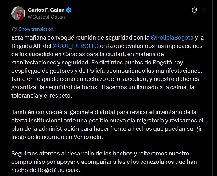 El alcalde Carlos Fernando Galán anunció despliegue policial y de gestores para garantizar seguridad en manifestaciones - crédito @CarlosFGalan/X